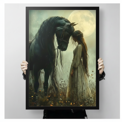 Moonlit Black Horse Girl Fantasy Romance Canvas Art