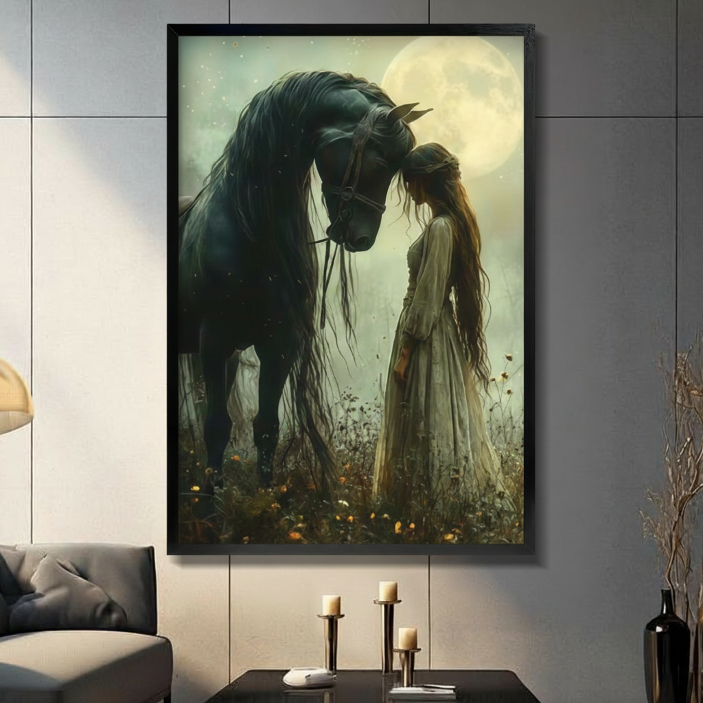 Moonlit Black Horse Girl Fantasy Romance Canvas Art
