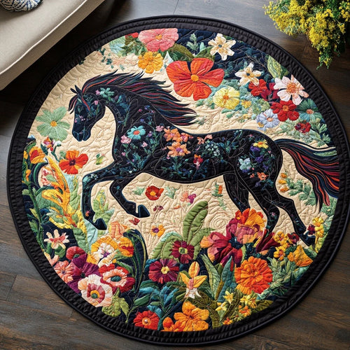 Black Horse Running Quilted Round Mat