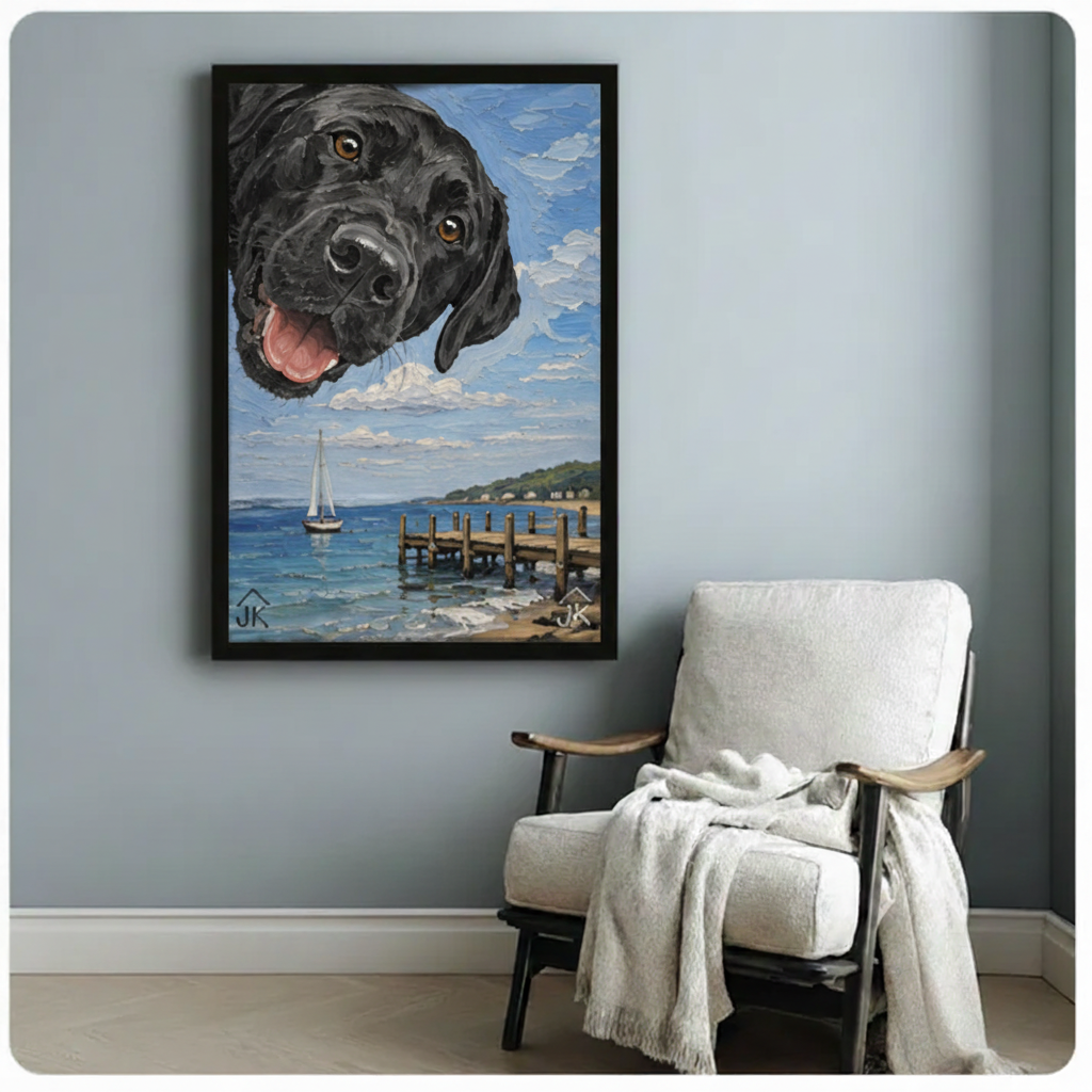 Black Lab Coastal Dock Whimsical Canvas Wall Art