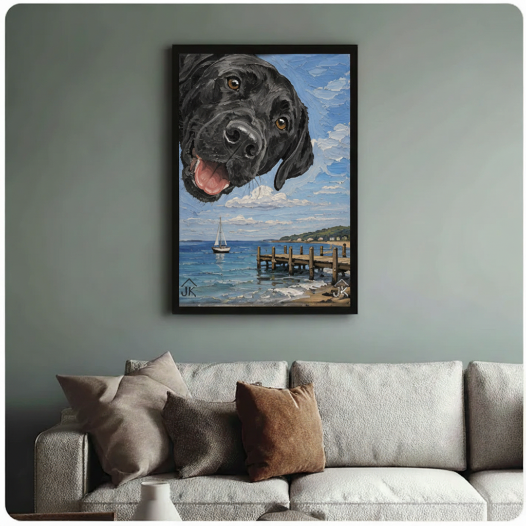 Black Lab Coastal Dock Whimsical Canvas Wall Art