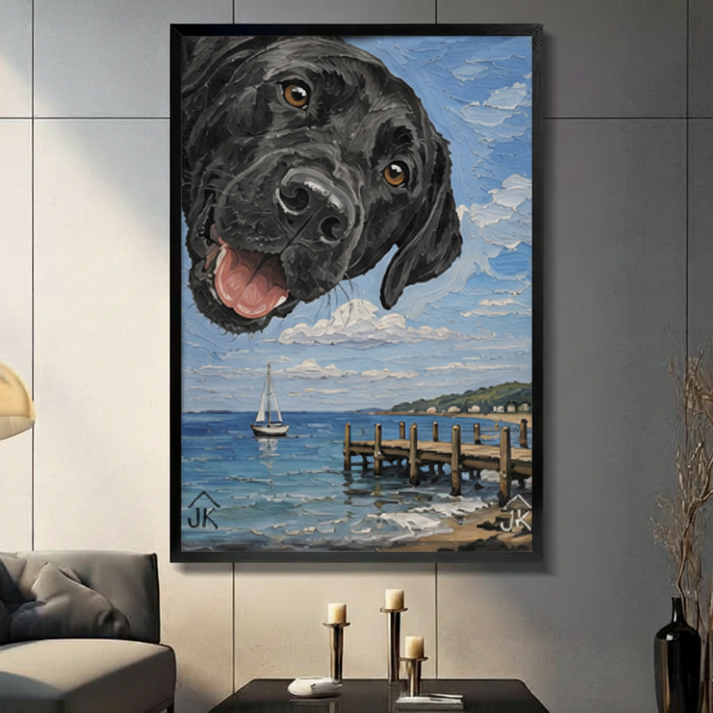 Black Lab Coastal Dock Whimsical Canvas Wall Art