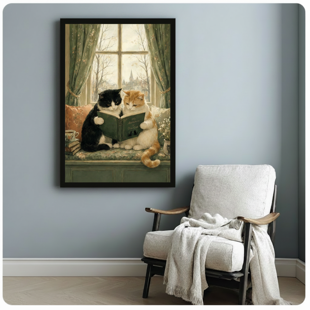 Vintage Cats Reading Book Canvas Wall Art