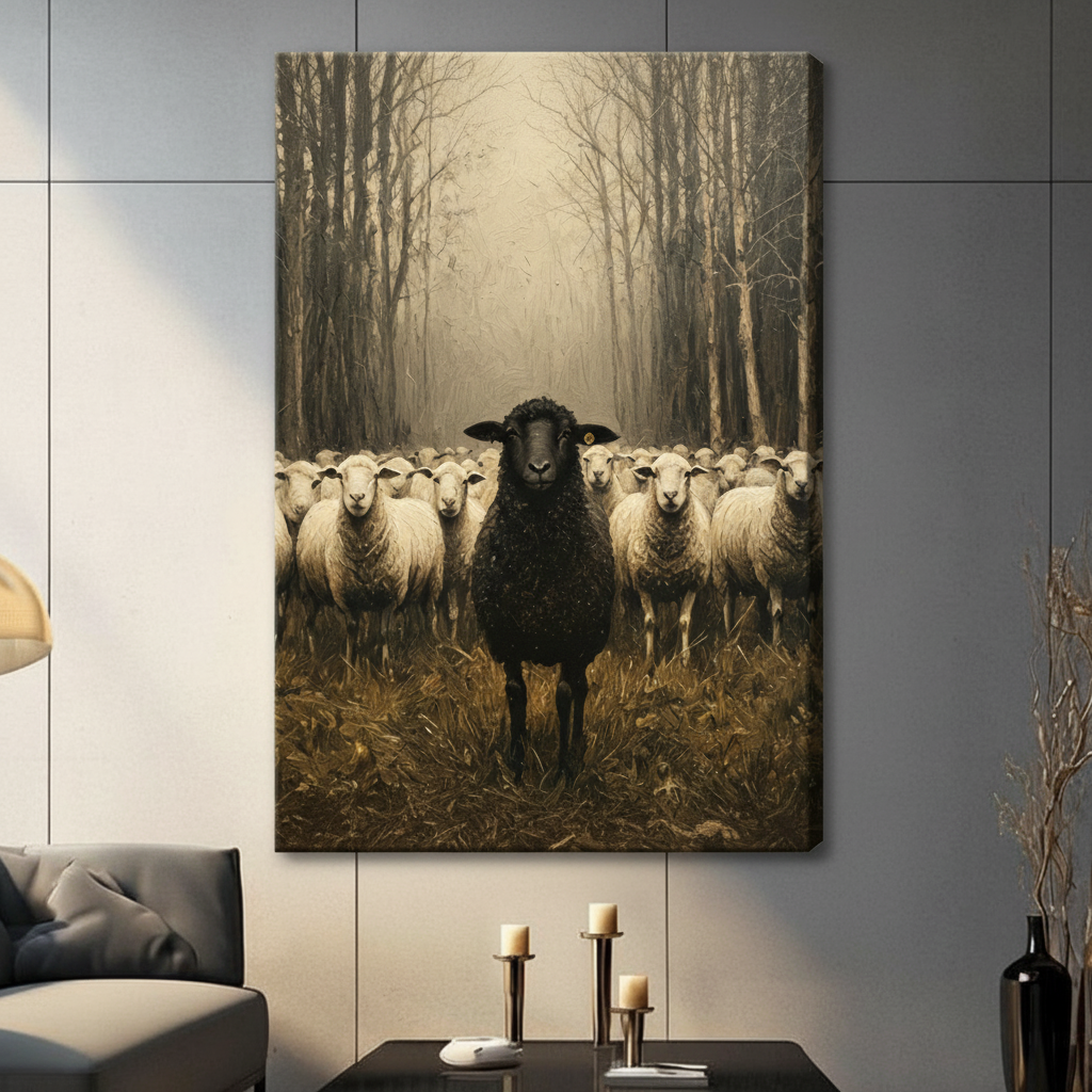 Black Sheep Flock Misty Forest Vintage Canvas Art