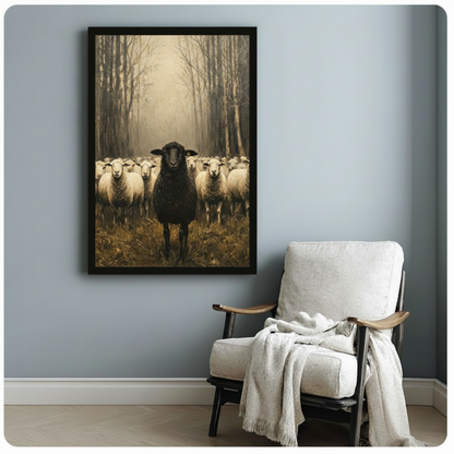 Black Sheep Flock Misty Forest Vintage Canvas Art