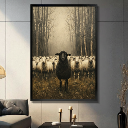 Black Sheep Flock Misty Forest Vintage Canvas Art