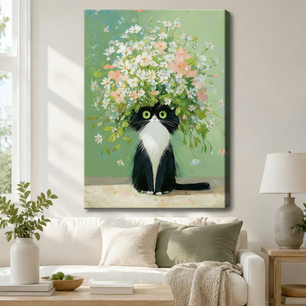 Floral Tuxedo Cat Whimsical Canvas Wall Art