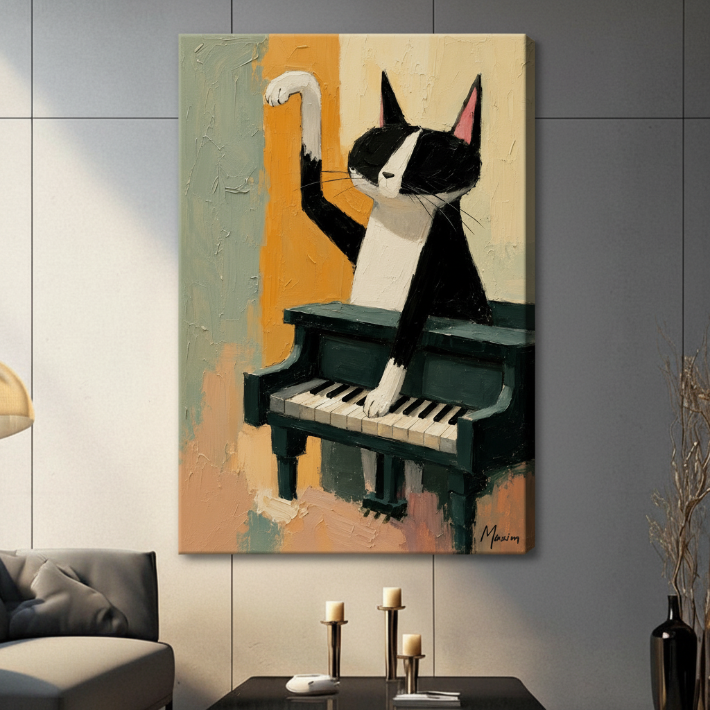 Tuxedo Cat Playing Piano Canvas Wall Art