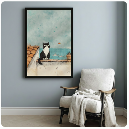 Tuxedo Cat Rooftop Ocean View Watercolor Canvas