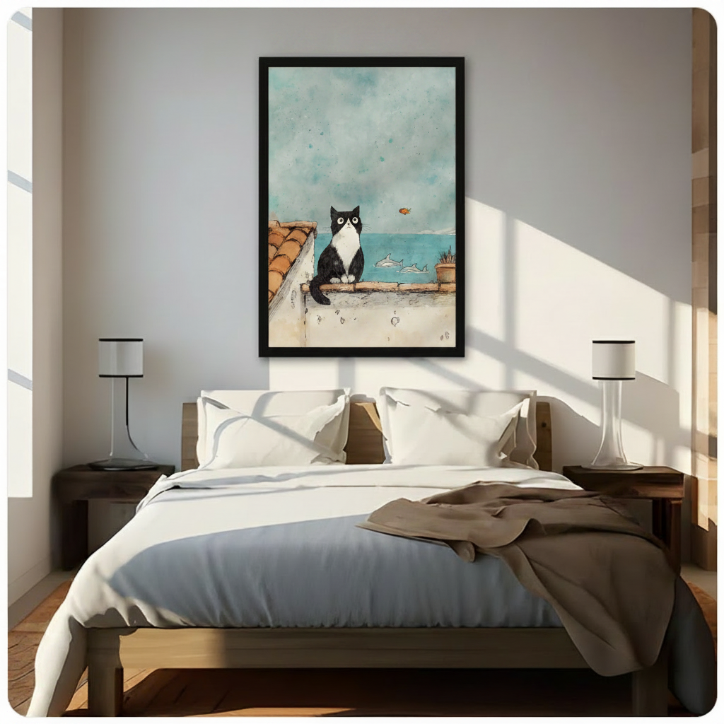 Tuxedo Cat Rooftop Ocean View Watercolor Canvas