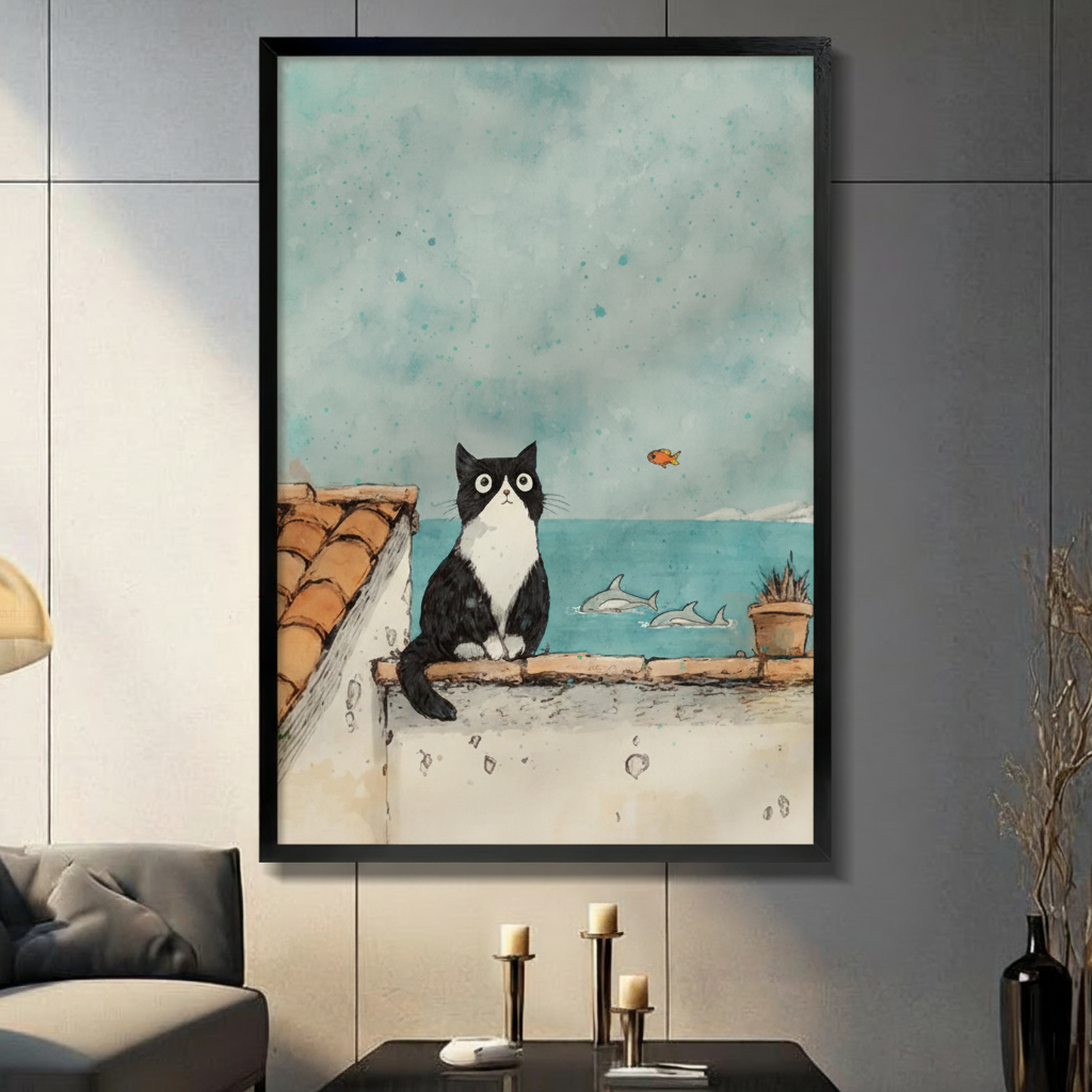 Tuxedo Cat Rooftop Ocean View Watercolor Canvas