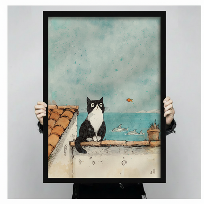 Tuxedo Cat Rooftop Ocean View Watercolor Canvas