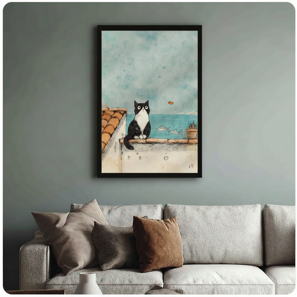 Tuxedo Cat Rooftop Ocean View Watercolor Canvas