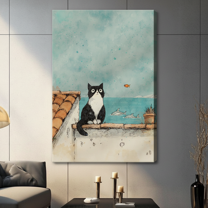 Tuxedo Cat Rooftop Ocean View Watercolor Canvas