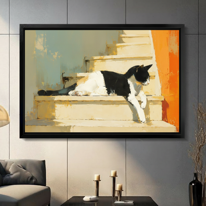 Tuxedo Cat Stone Steps Canvas Wall Art