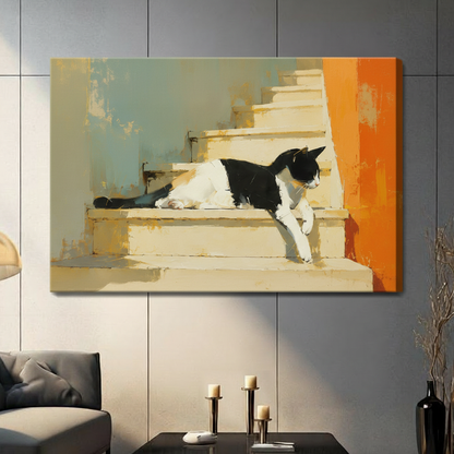 Tuxedo Cat Stone Steps Canvas Wall Art