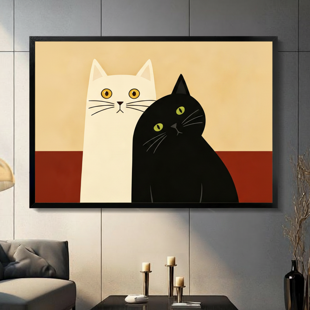Black White Cat Duo Minimalist Canvas Art Wall Art