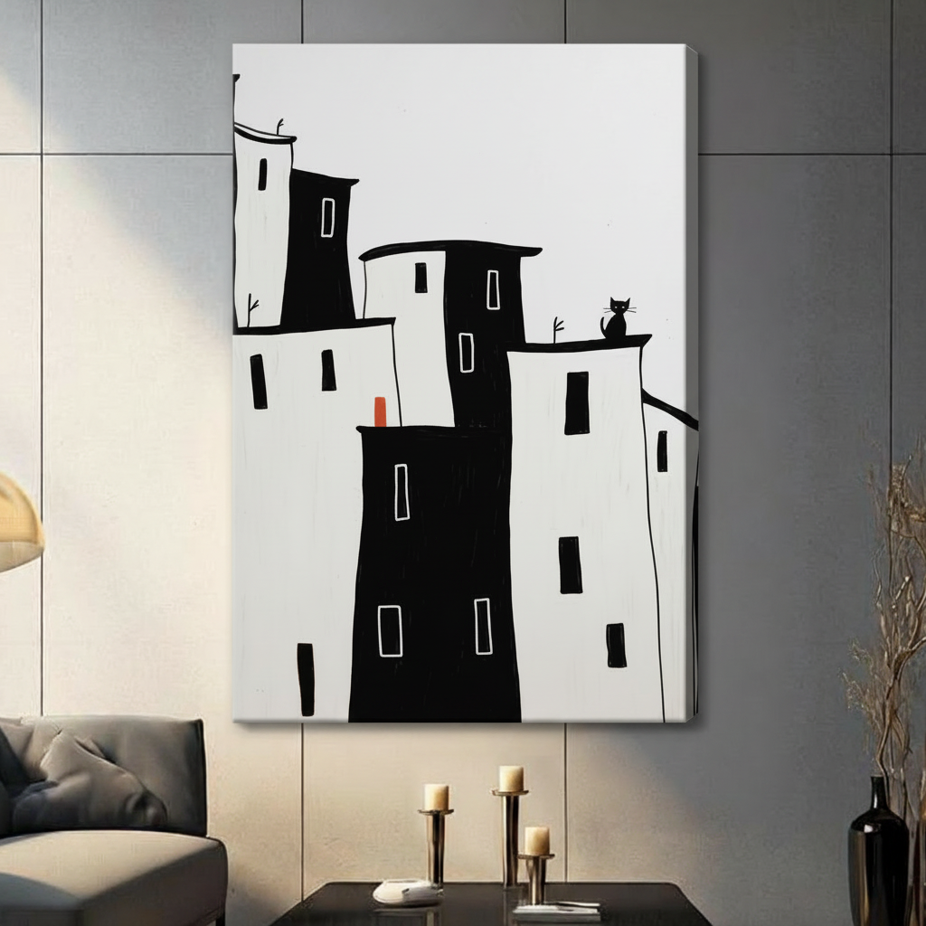 Minimalist City Skyline Black Cat Canvas Art Wall Art