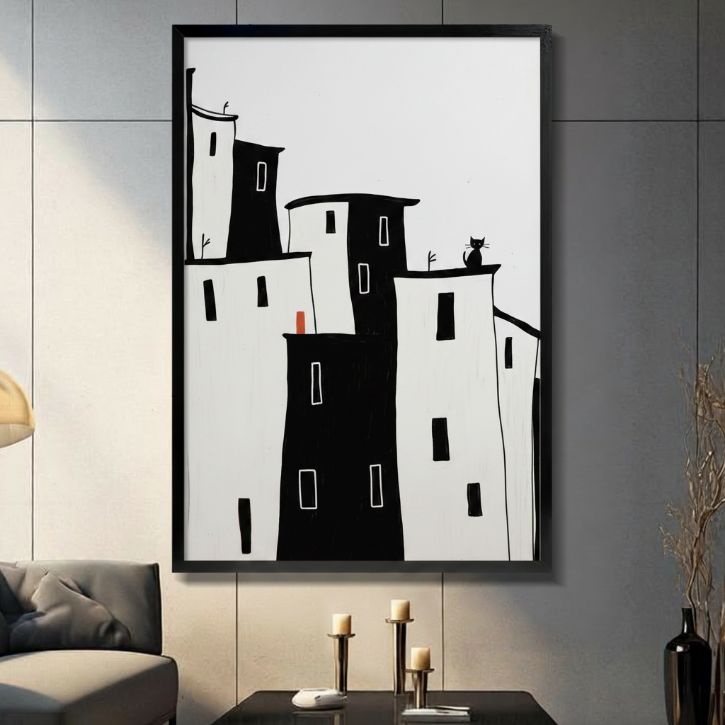Minimalist City Skyline Black Cat Canvas Art Wall Art