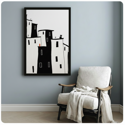 Minimalist City Skyline Black Cat Canvas Art Wall Art