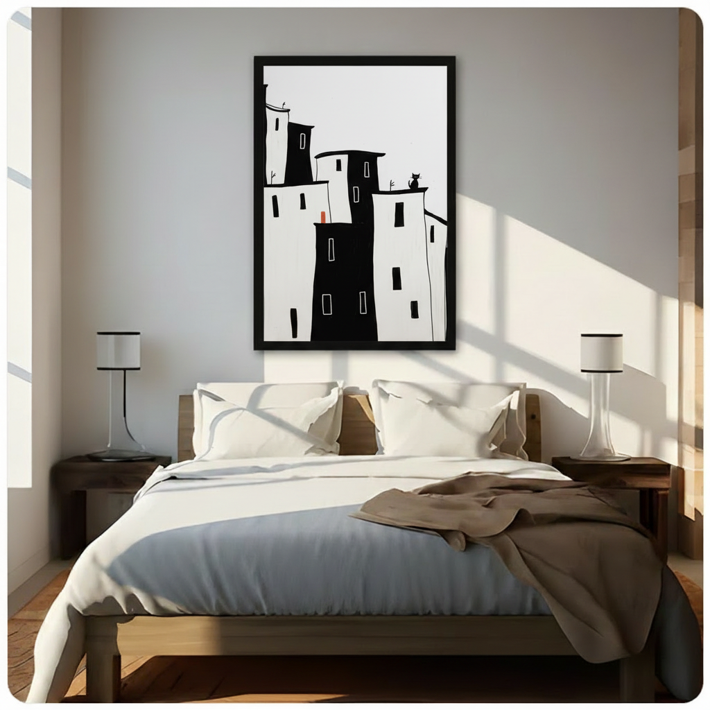 Minimalist City Skyline Black Cat Canvas Art Wall Art