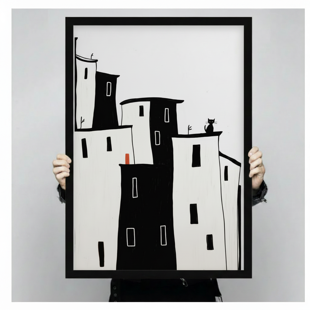Minimalist City Skyline Black Cat Canvas Art Wall Art