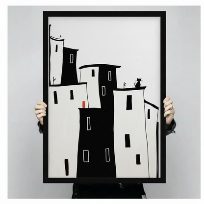 Minimalist City Skyline Black Cat Canvas Art Wall Art