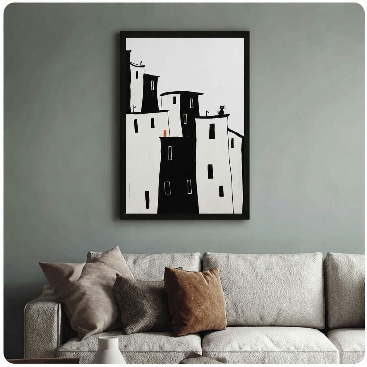 Minimalist City Skyline Black Cat Canvas Art Wall Art