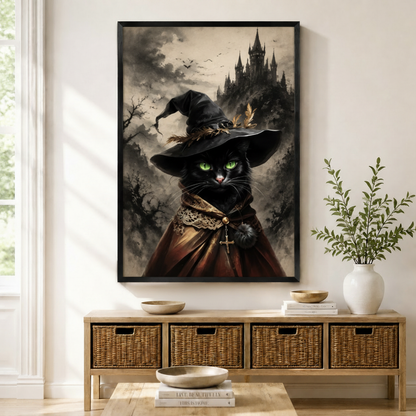 Gothic Black Cat Witch Framed Canvas Art Wall Art