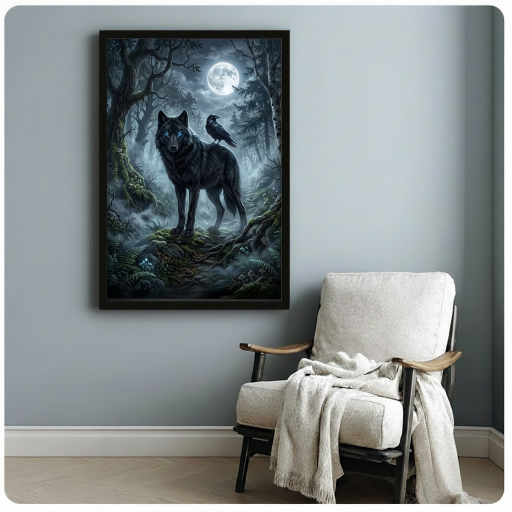 Gothic Wolf Raven Moonlit Forest Canvas Art Wall Art