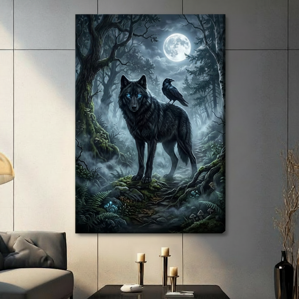 Gothic Wolf Raven Moonlit Forest Canvas Art Wall Art