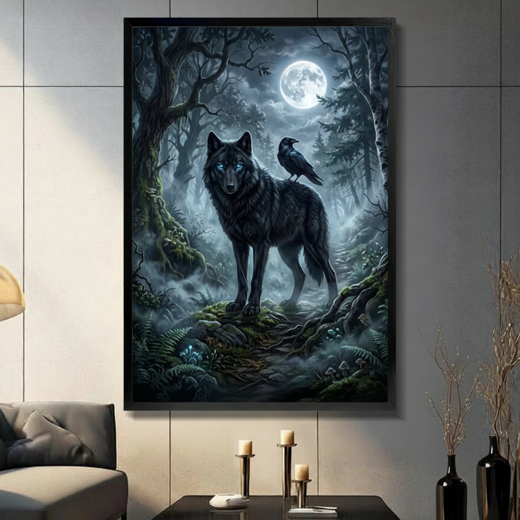 Gothic Wolf Raven Moonlit Forest Canvas Art Wall Art