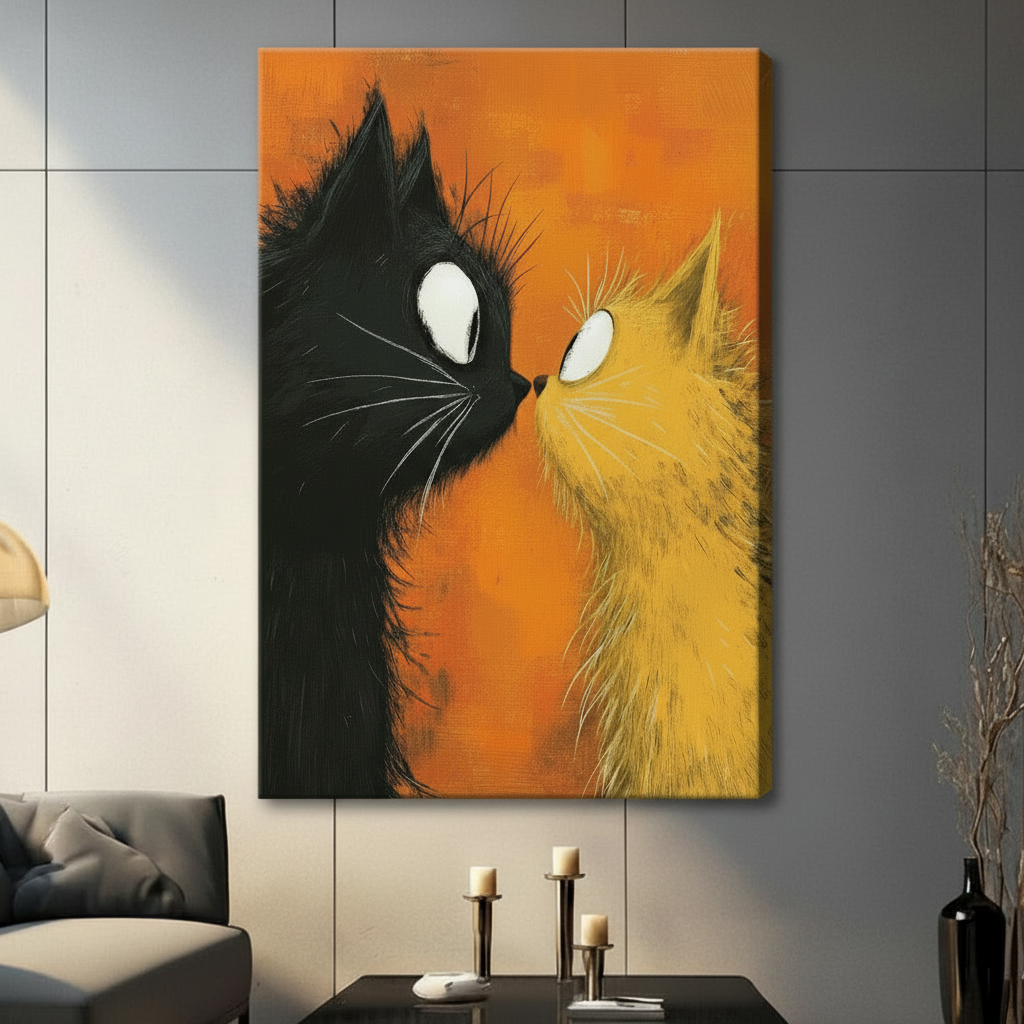 Black Orange Cats Face-Off Canvas Wall Art