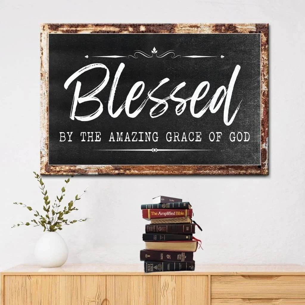 christian wall art rustic blessed by the amazing grace of god canvas print (Landscape)