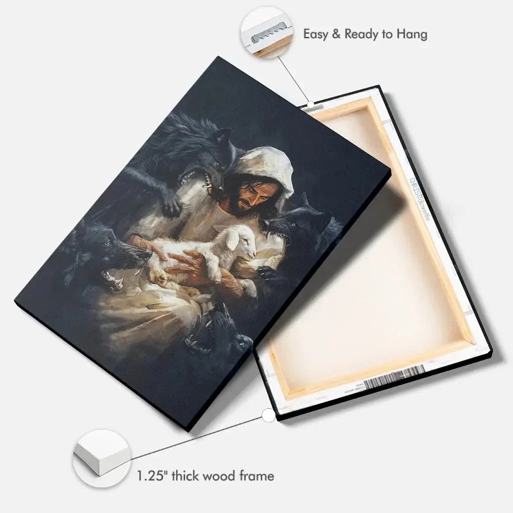 jesus the good shepherd protecting his lamb from the wolves wall art canvas print (view 2)