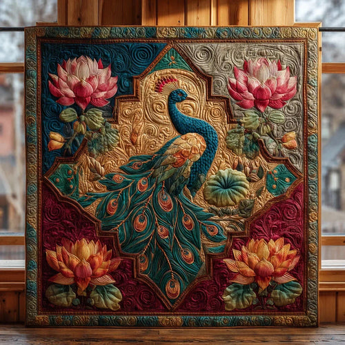 Blooming Lotus Peacock Quilt Blanket