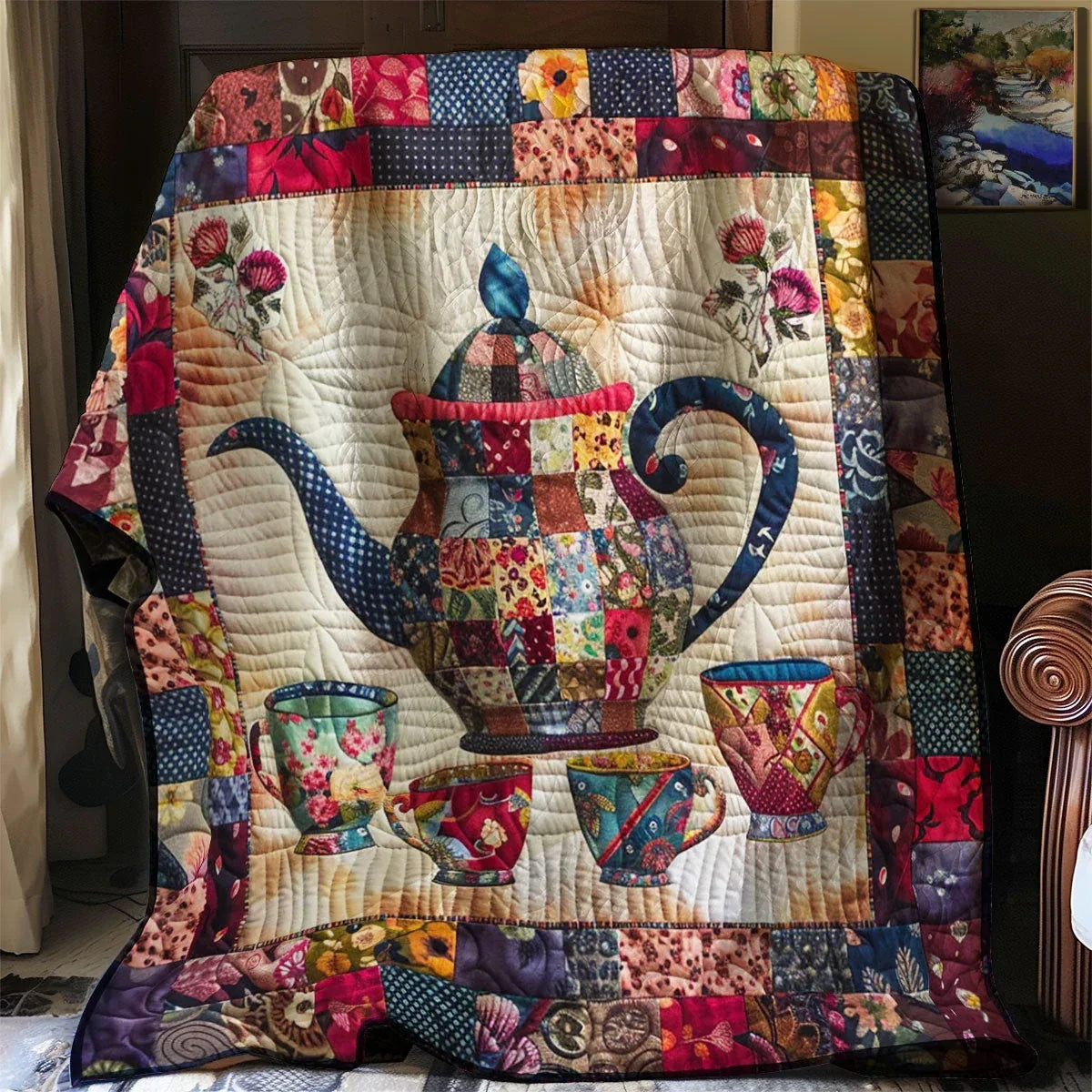 Blooming Patchwork Teapot Quilt Blanket