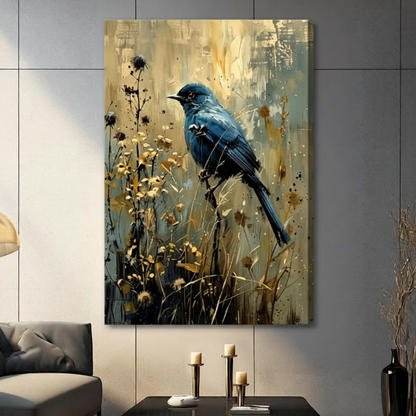 Blue Bird Golden Wildflower Elegant Canvas Art
