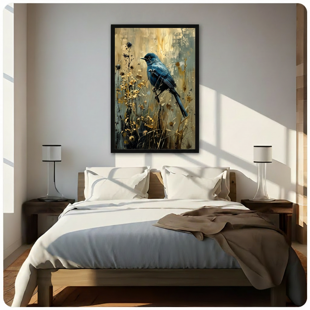 Blue Bird Golden Wildflower Elegant Canvas Art