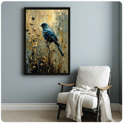 Blue Bird Golden Wildflower Elegant Canvas Art