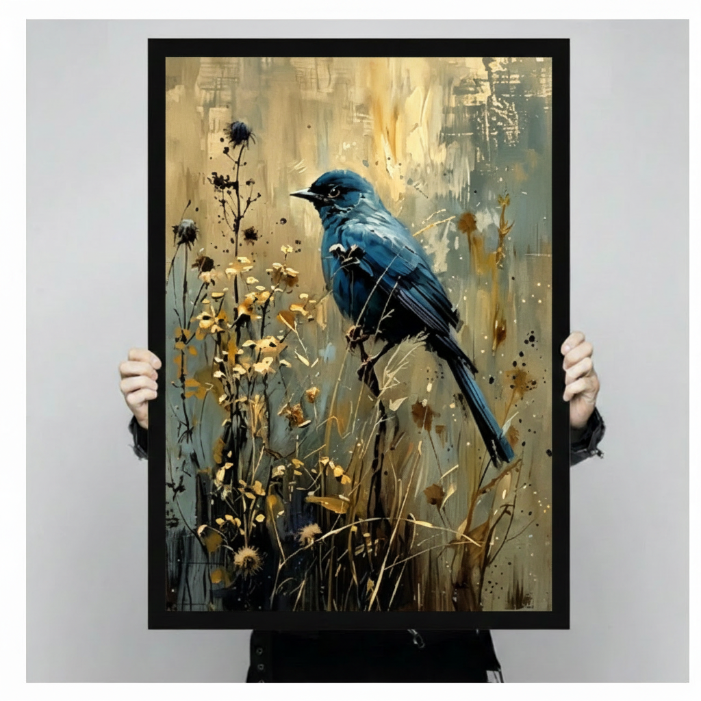 Blue Bird Golden Wildflower Elegant Canvas Art