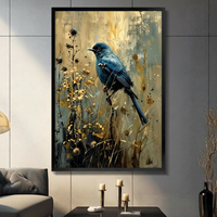Blue Bird Golden Wildflower Elegant Canvas Art