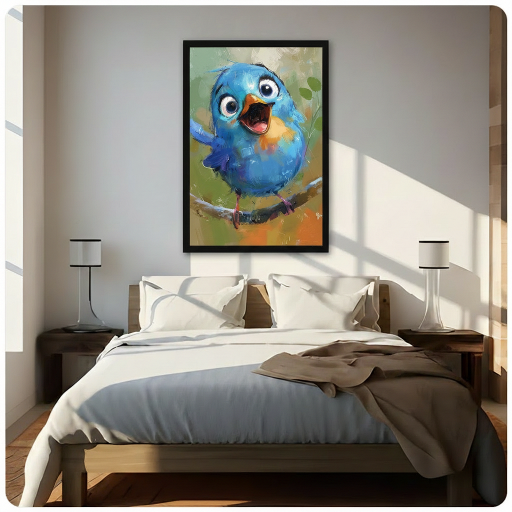 Whimsical Blue Bird Cartoon Canvas Wall Art