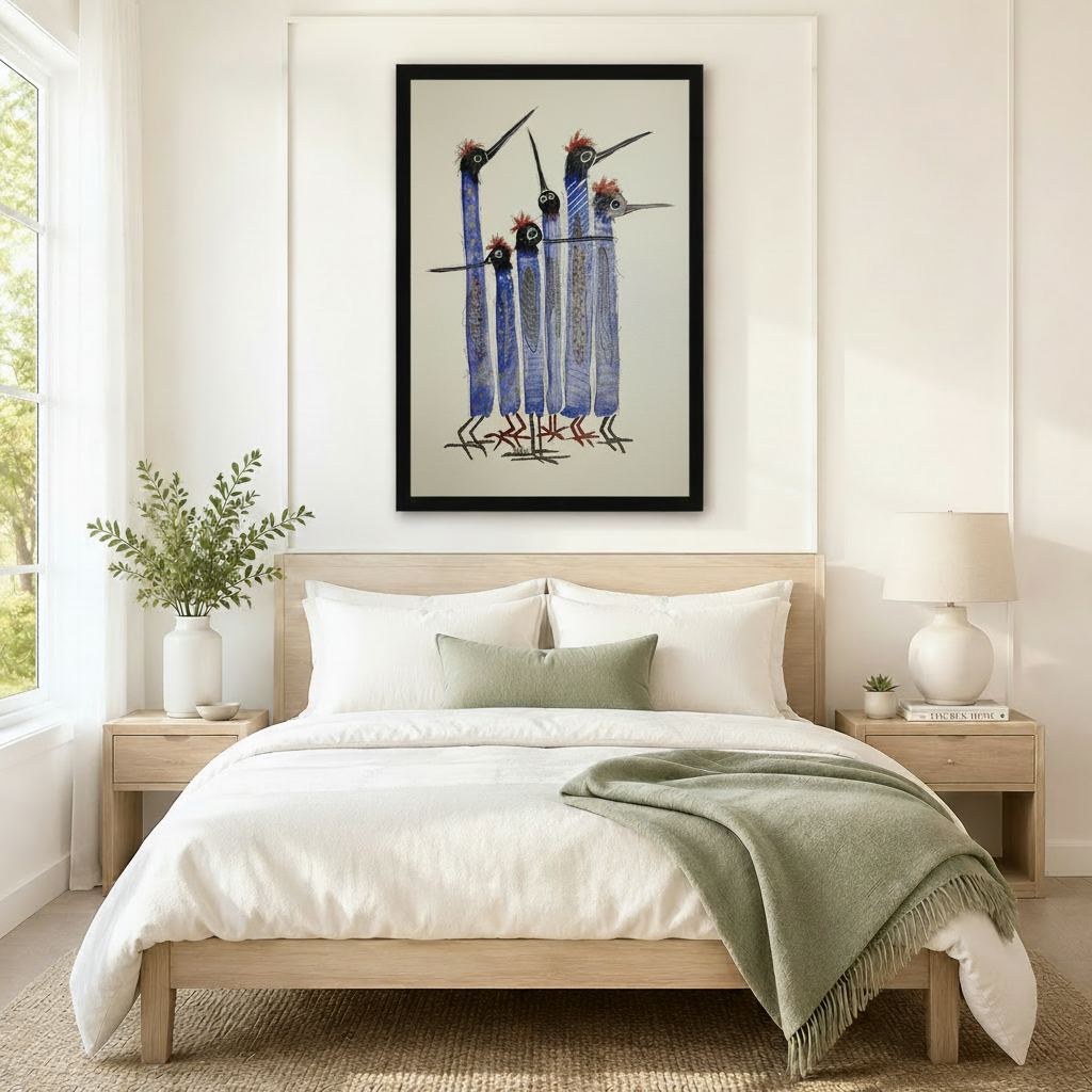 Whimsical Blue Bird Flock Framed Canvas Art Wall Art