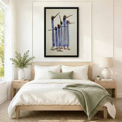 Whimsical Blue Bird Flock Framed Canvas Art Wall Art