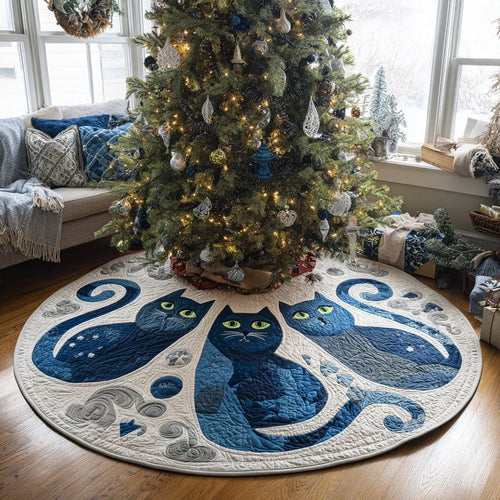 Blue Cat Christmas Quilted Tree Skirt