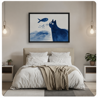 Blue Cat & Fish Watercolor Canvas Wall Art