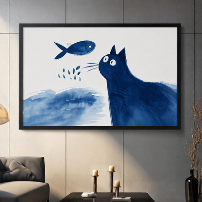 Blue Cat & Fish Watercolor Canvas Wall Art