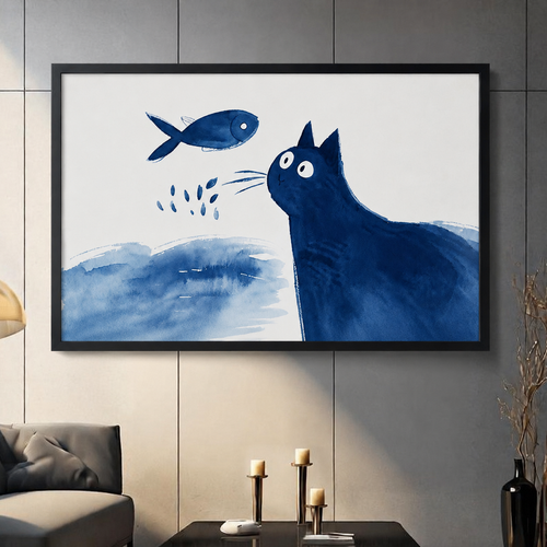 Blue Cat & Fish Watercolor Canvas Wall Art
