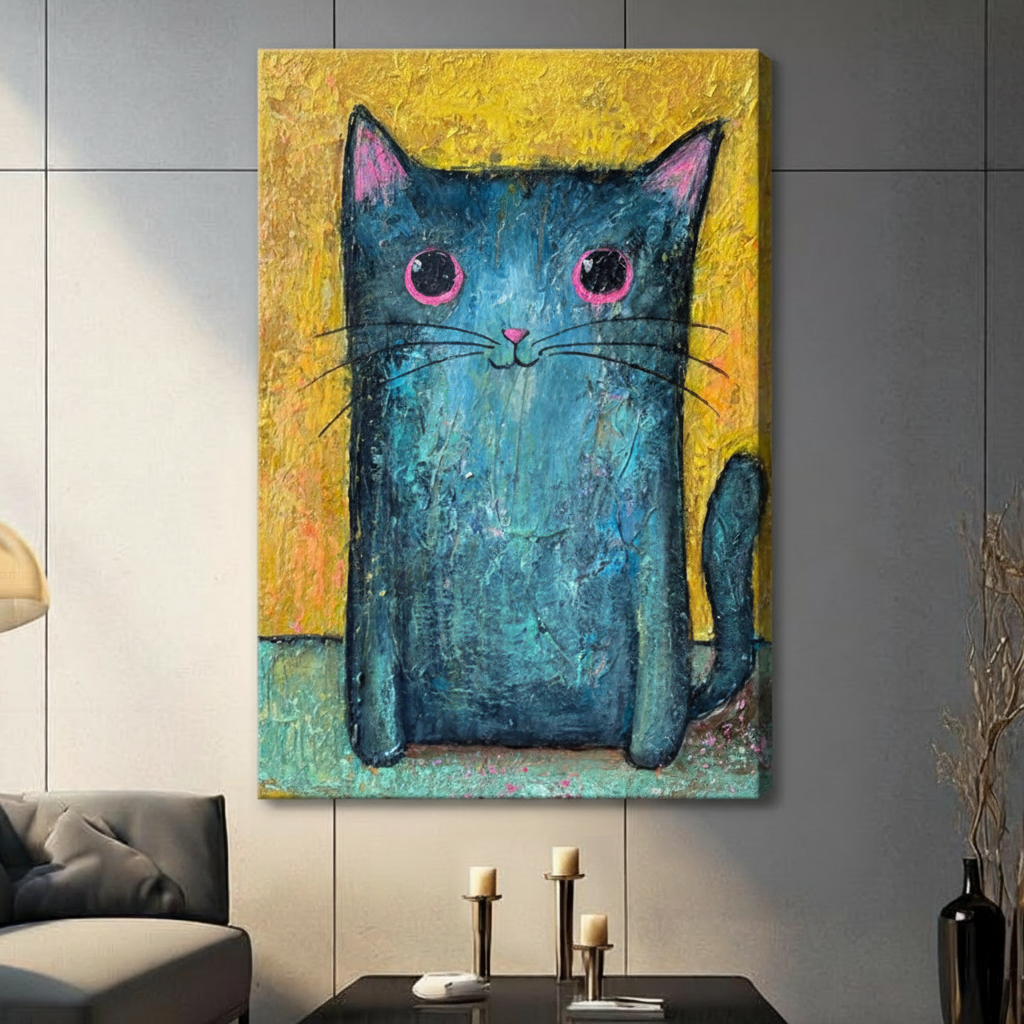 Whimsical Blue Cat Pink Eyes Oil Painting Canvas